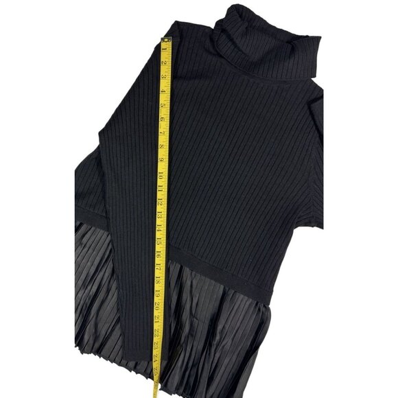 NINE WEST Size M Women Black Ribbed Knit Top With Pleated Satin Hem & Turtleneck - Picture 5 of 5